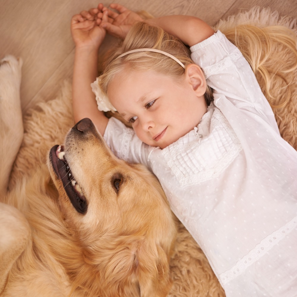 A young child resting side by side with a golden retriever on a soft rug